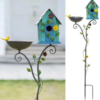 Juego de casa y baño de pájaros de metal de 52" con poste para decoración de jardín al aire libre y alimentación de pájaros