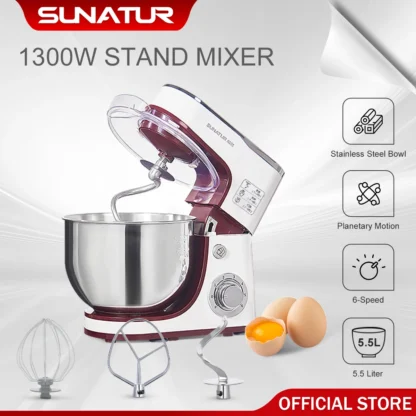SUNATUR-batidora de pie de 5,5l, procesador planetario de alimentos de 1300w, amasadora de masa temporizada, batidora de cocina eléctrica, batidora de crema, mezclador de llenado